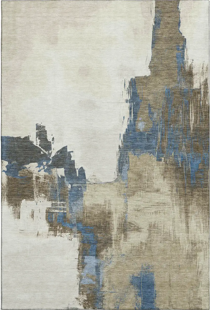 Beige Blue And Ivory Abstract Washable Area Rug With UV Protection Photo 5