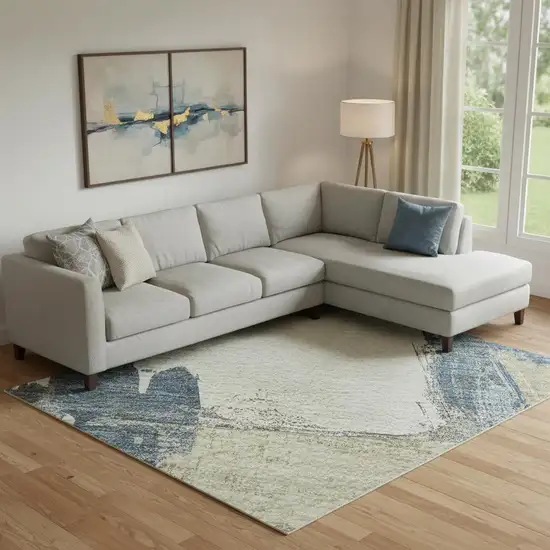 Beige Blue And Ivory Abstract Washable Area Rug With UV Protection Photo 2