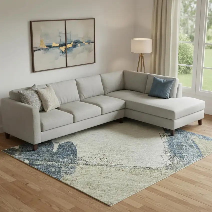 Beige Blue And Ivory Abstract Washable Area Rug With UV Protection Photo 2