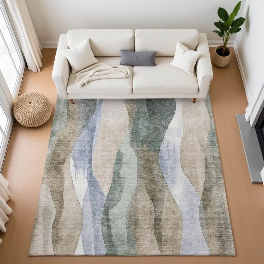 Beige Blue And Ivory Abstract Washable Area Rug With UV Protection Photo 5