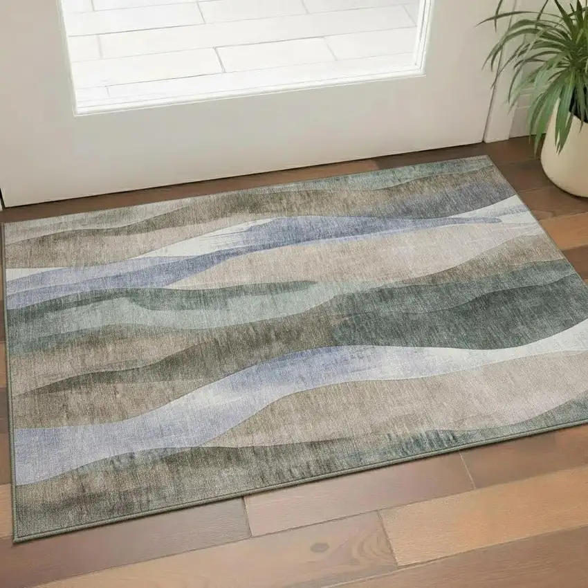 Beige Blue And Ivory Abstract Washable Area Rug With UV Protection Photo 2
