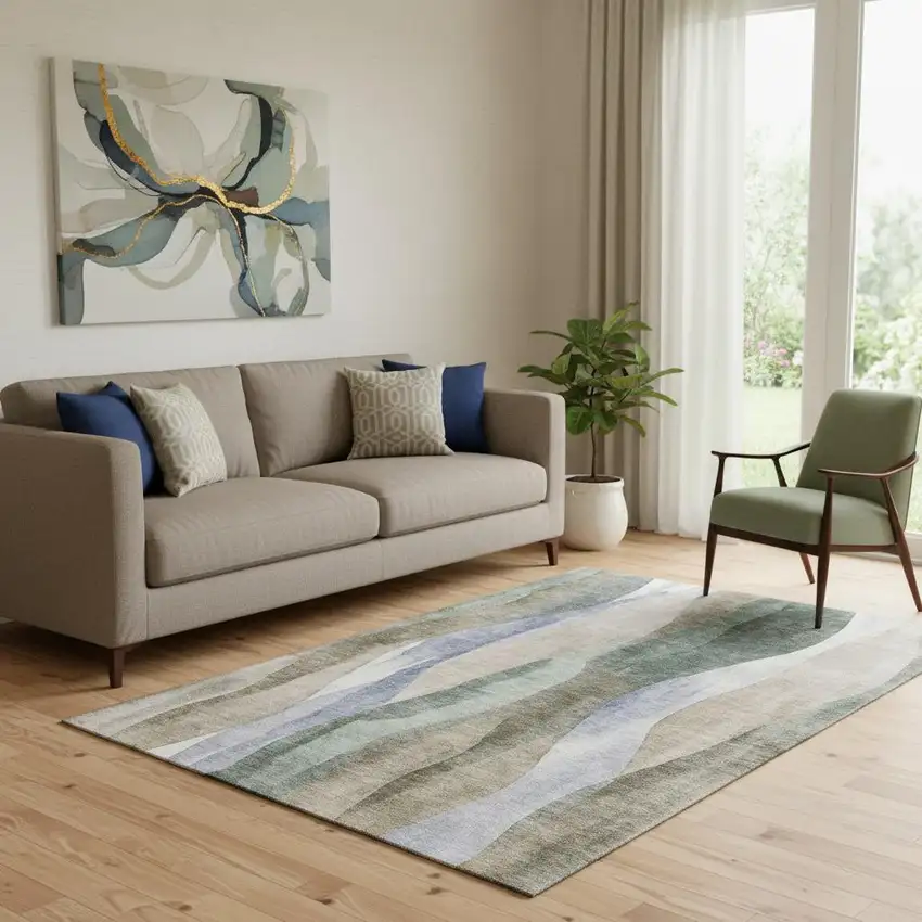 Beige Blue And Ivory Abstract Washable Area Rug With UV Protection Photo 2