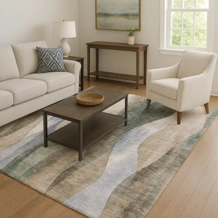 Beige Blue And Ivory Abstract Washable Area Rug With UV Protection Photo 6