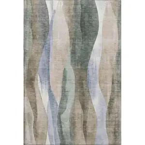 Photo of Beige Blue And Ivory Abstract Washable Area Rug With UV Protection