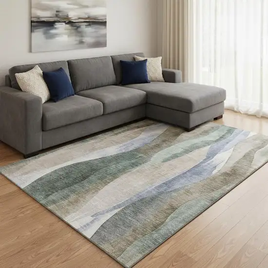 Beige Blue And Ivory Abstract Washable Area Rug With UV Protection Photo 2