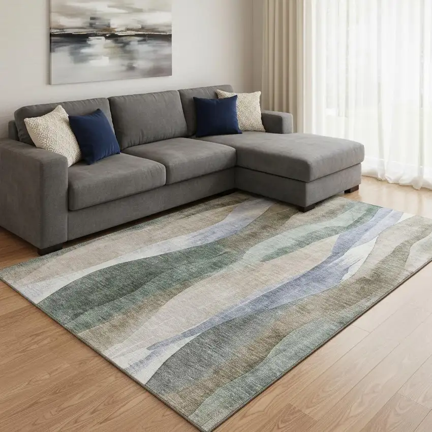 Beige Blue And Ivory Abstract Washable Area Rug With UV Protection Photo 2