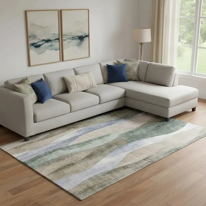 Beige Blue And Ivory Abstract Washable Area Rug With UV Protection Photo 2