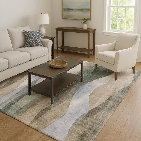 Beige Blue And Ivory Abstract Washable Area Rug With UV Protection Photo 6