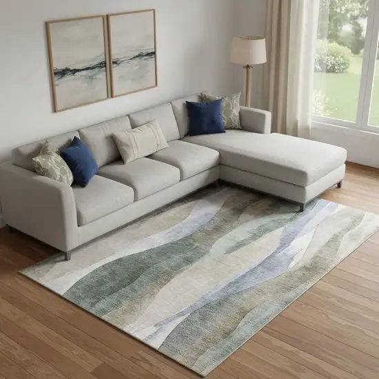Beige Blue And Ivory Abstract Washable Area Rug With UV Protection Photo 2