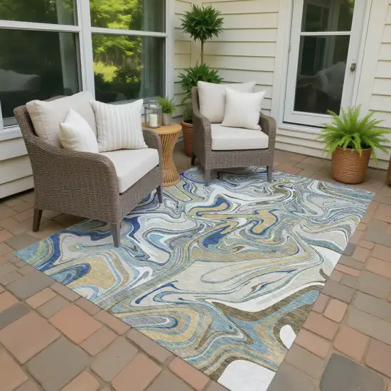Beige Blue And Ivory Abstract Washable Indoor Outdoor Area Rug Photo 4