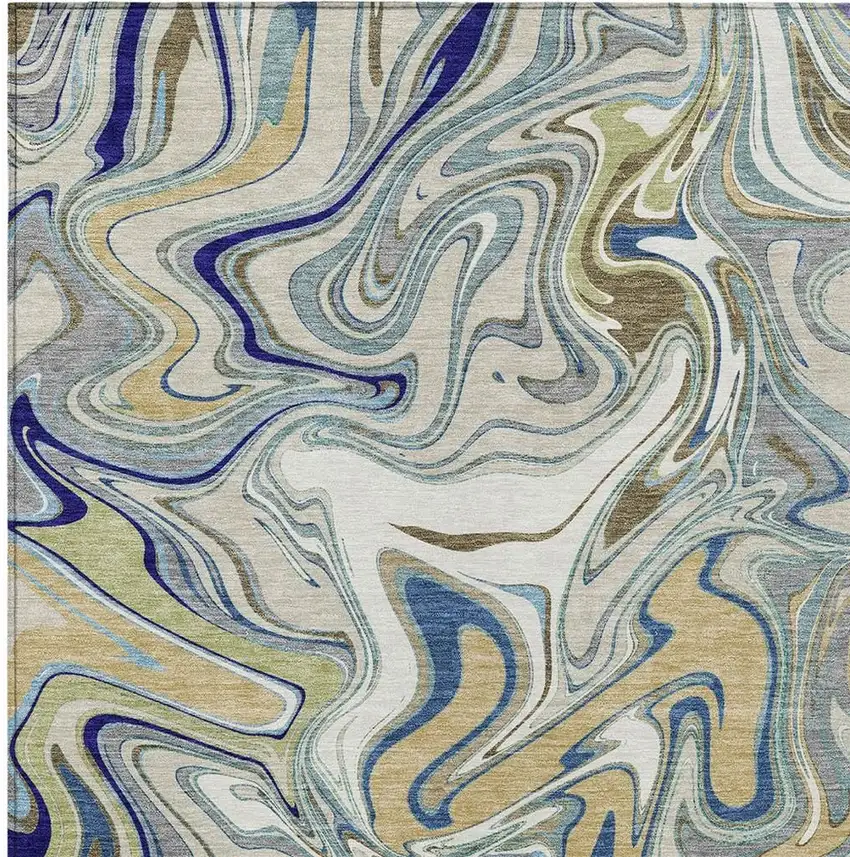 Beige Blue And Ivory Abstract Washable Indoor Outdoor Area Rug Photo 2