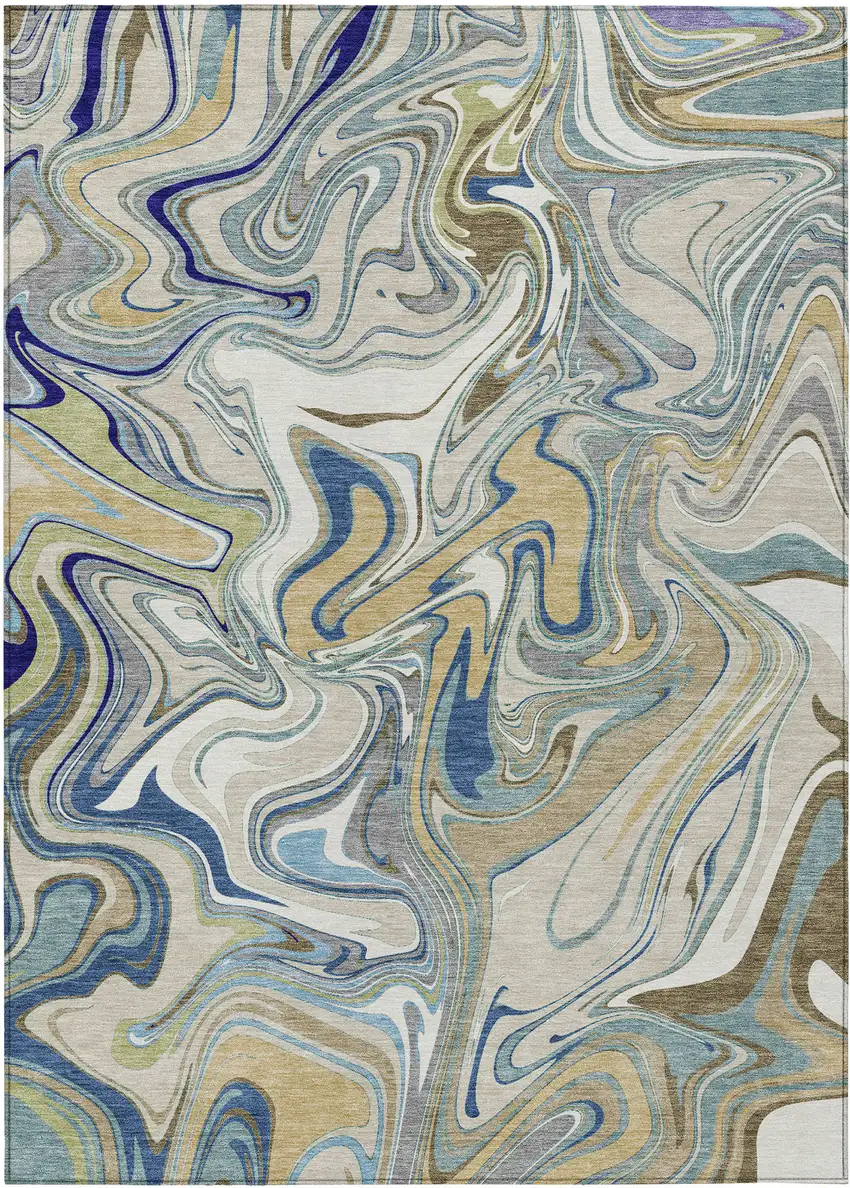 Beige Blue And Ivory Abstract Washable Indoor Outdoor Area Rug Photo 1