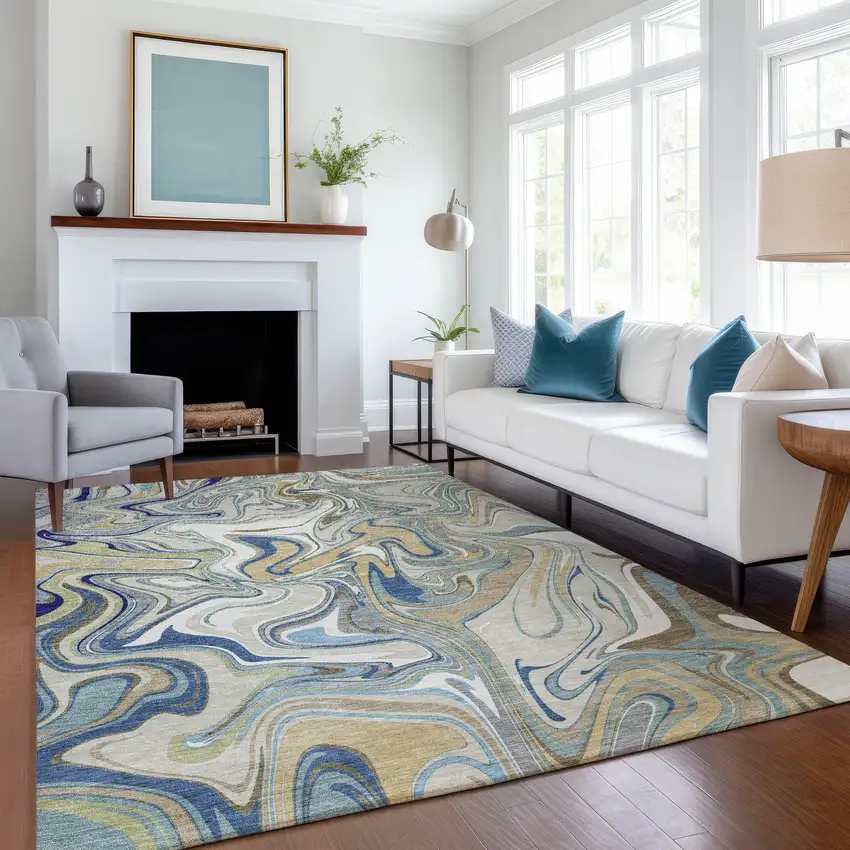 Beige Blue And Ivory Abstract Washable Indoor Outdoor Area Rug Photo 6