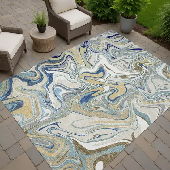 Beige Blue And Ivory Abstract Washable Indoor Outdoor Area Rug Photo 7