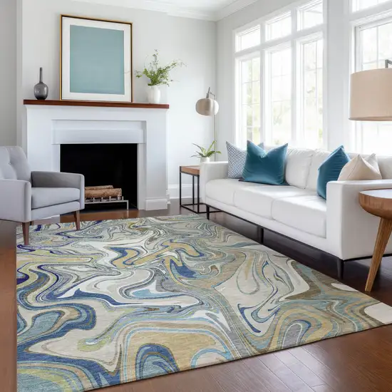 Beige Blue And Ivory Abstract Washable Indoor Outdoor Area Rug Photo 6