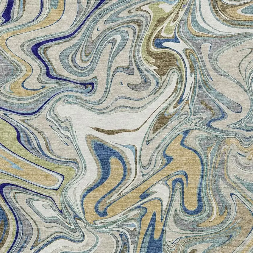 Beige Blue And Ivory Abstract Washable Indoor Outdoor Area Rug Photo 2