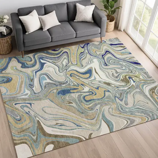 Beige Blue And Ivory Abstract Washable Indoor Outdoor Area Rug Photo 5