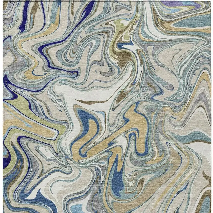 Beige Blue And Ivory Abstract Washable Indoor Outdoor Area Rug Photo 3