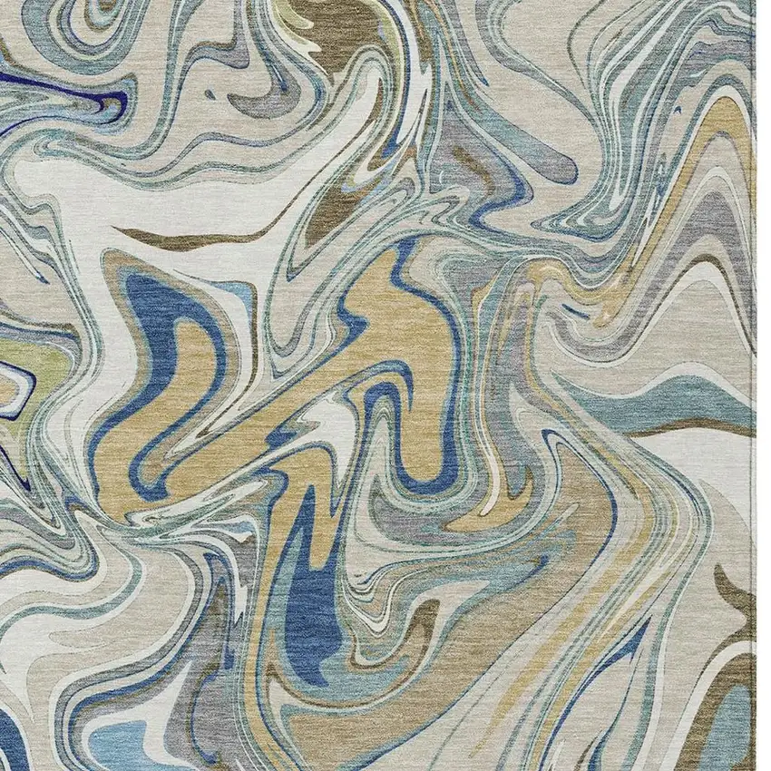 Beige Blue And Ivory Abstract Washable Indoor Outdoor Area Rug Photo 2