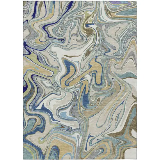 Beige Blue And Ivory Abstract Washable Indoor Outdoor Area Rug Photo 1