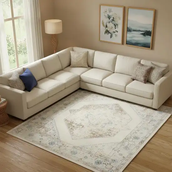 Beige Blue And Ivory Floral Medallion Area Rug Photo 1