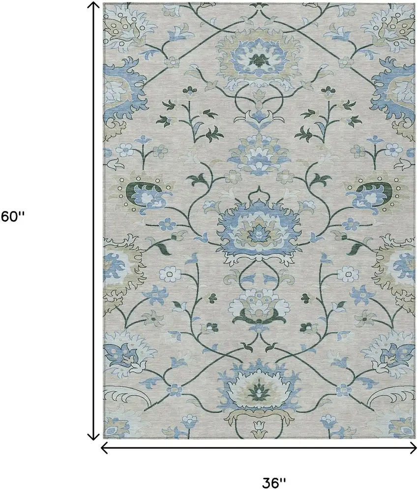 Beige Blue And Ivory Floral Washable Indoor Outdoor Area Rug Photo 3