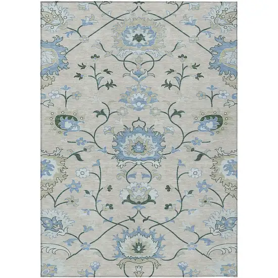 Beige Blue And Ivory Floral Washable Indoor Outdoor Area Rug Photo 2