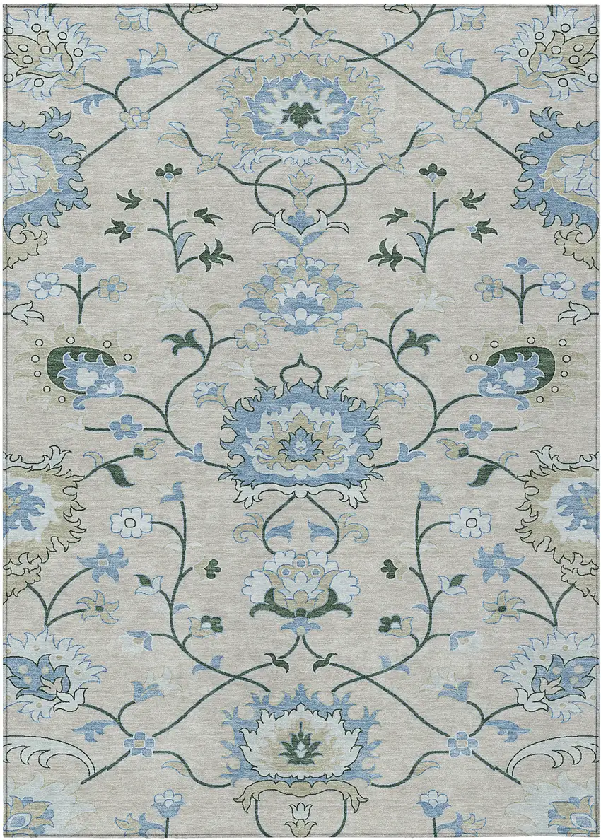 Beige Blue And Ivory Floral Washable Indoor Outdoor Area Rug Photo 2