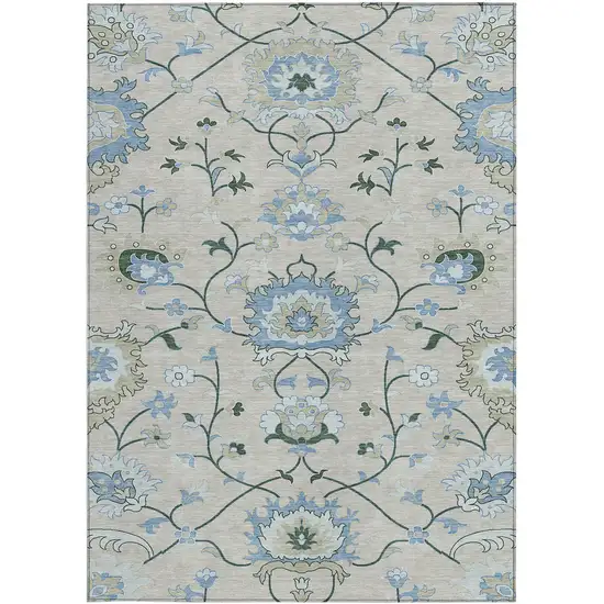 Beige Blue And Ivory Floral Washable Indoor Outdoor Area Rug Photo 4