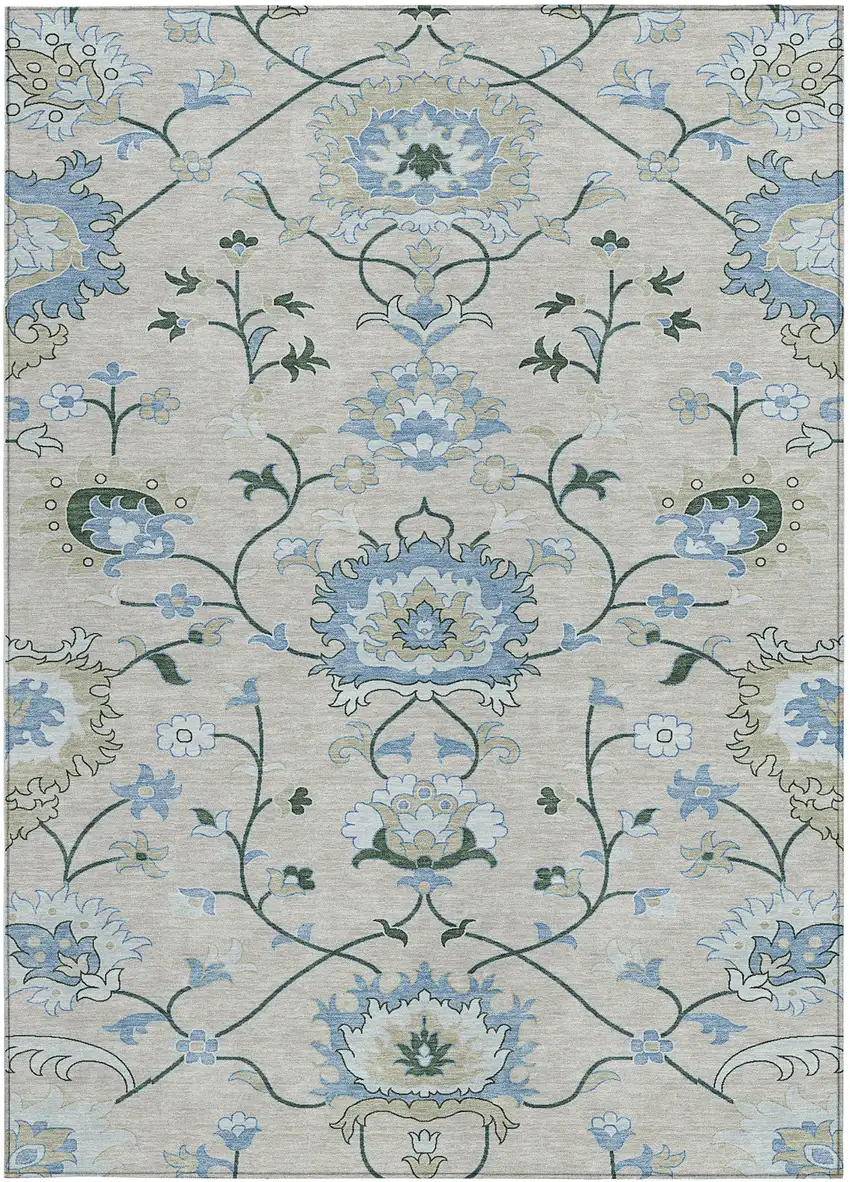 Beige Blue And Ivory Floral Washable Indoor Outdoor Area Rug Photo 4