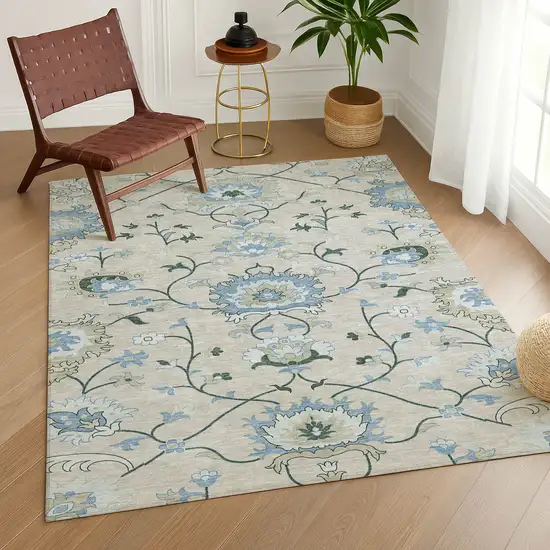 Beige Blue And Ivory Floral Washable Indoor Outdoor Area Rug Photo 9