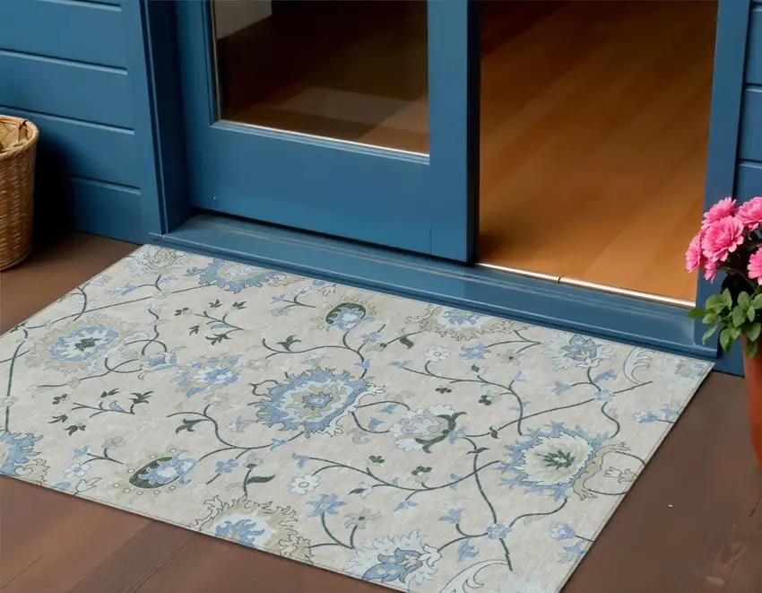 Beige Blue And Ivory Floral Washable Indoor Outdoor Area Rug Photo 1
