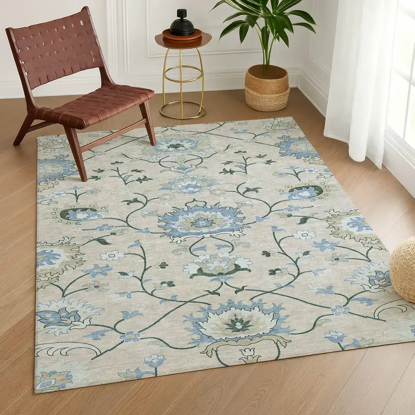 Beige Blue And Ivory Floral Washable Indoor Outdoor Area Rug Photo 9