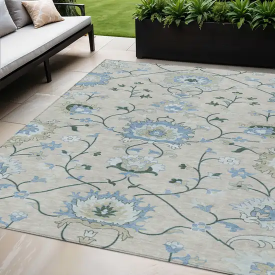 Beige Blue And Ivory Floral Washable Indoor Outdoor Area Rug Photo 1