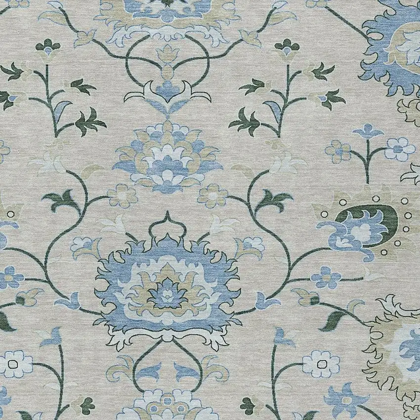 Beige Blue And Ivory Floral Washable Indoor Outdoor Area Rug Photo 7