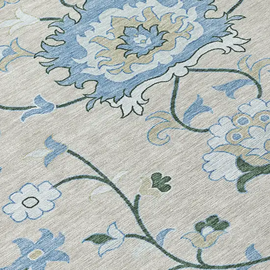 Beige Blue And Ivory Floral Washable Indoor Outdoor Area Rug Photo 5