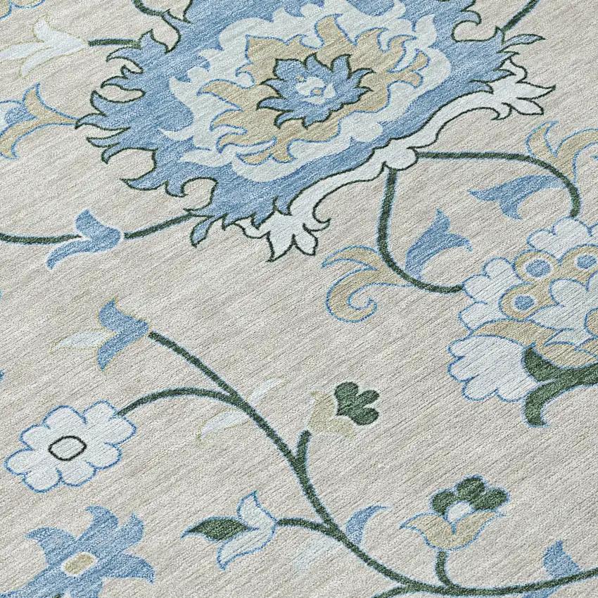 Beige Blue And Ivory Floral Washable Indoor Outdoor Area Rug Photo 5