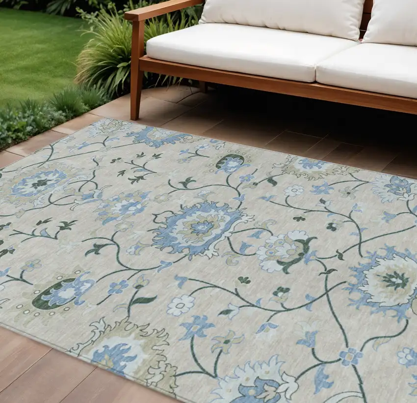 Beige Blue And Ivory Floral Washable Indoor Outdoor Area Rug Photo 1