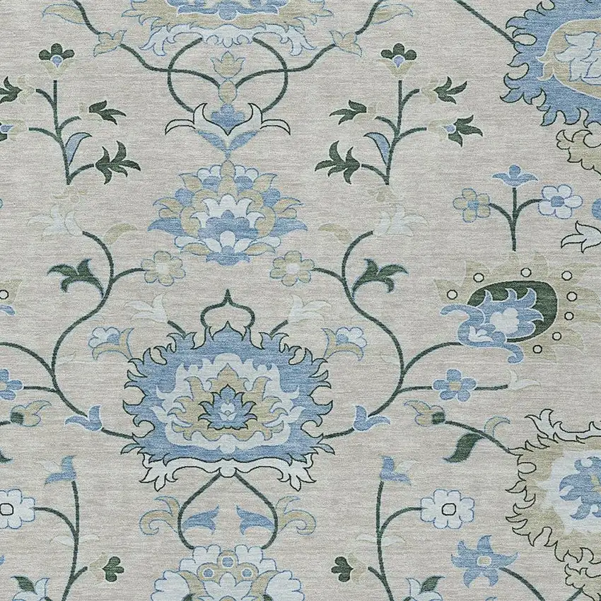 Beige Blue And Ivory Floral Washable Indoor Outdoor Area Rug Photo 6