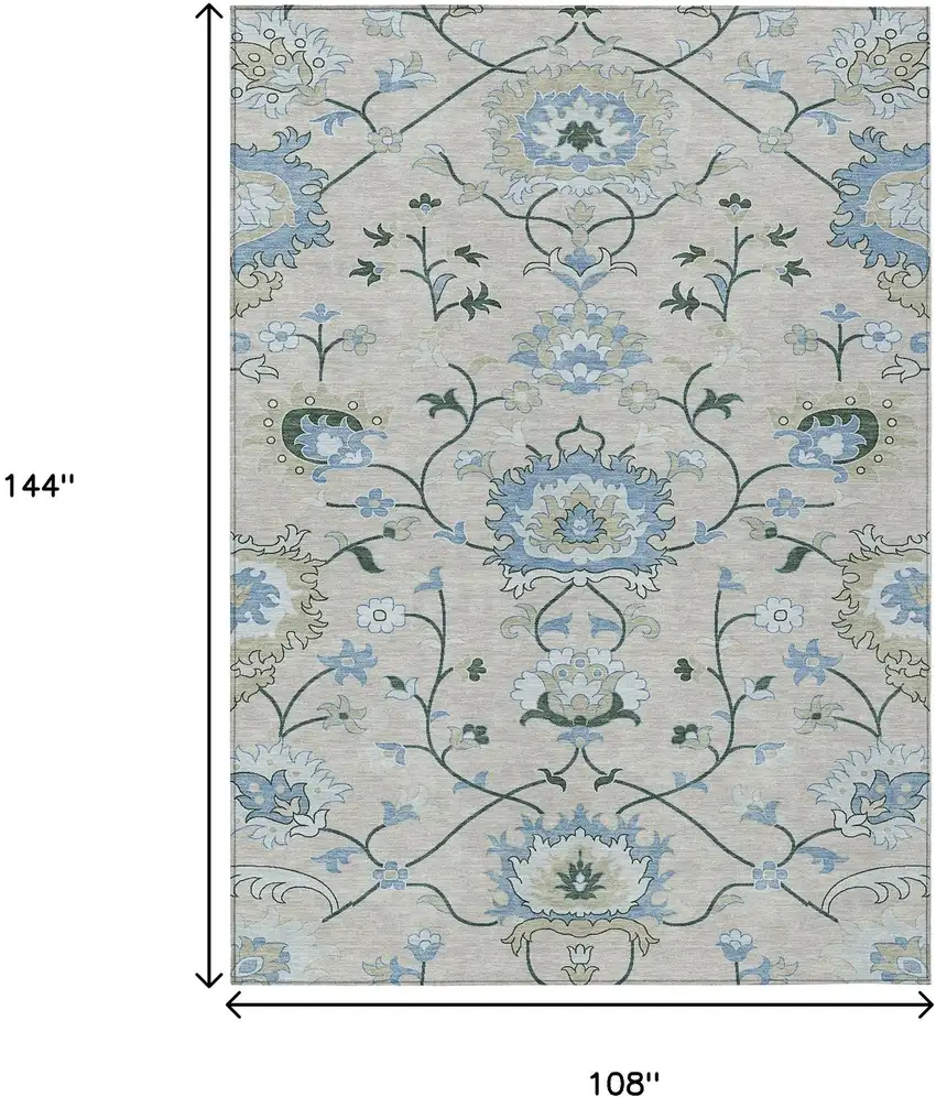 Beige Blue And Ivory Floral Washable Indoor Outdoor Area Rug Photo 3