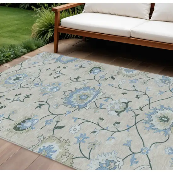 Beige Blue And Ivory Floral Washable Indoor Outdoor Area Rug Photo 1