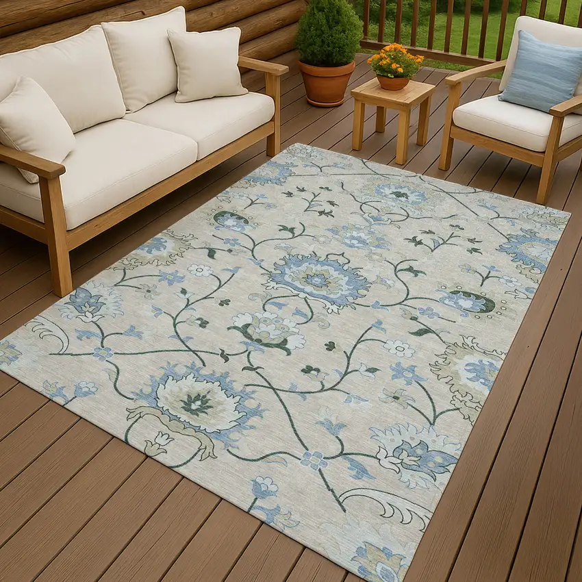 Beige Blue And Ivory Floral Washable Indoor Outdoor Area Rug Photo 9