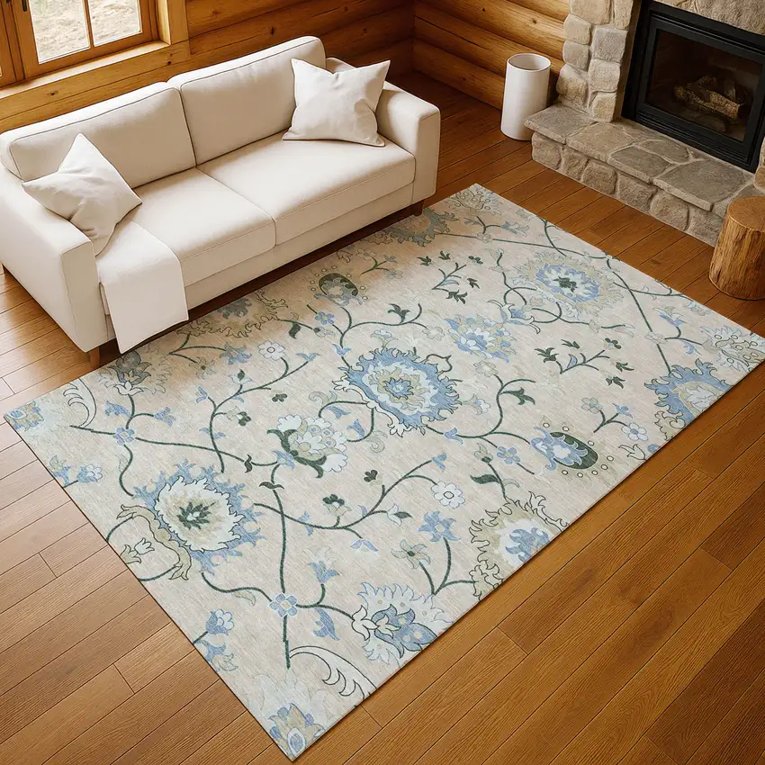 Beige Blue And Ivory Floral Washable Indoor Outdoor Area Rug Photo 9
