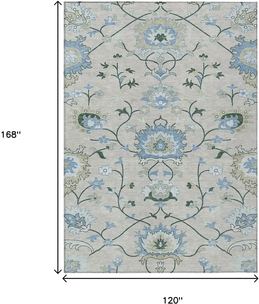 Beige Blue And Ivory Floral Washable Indoor Outdoor Area Rug Photo 3