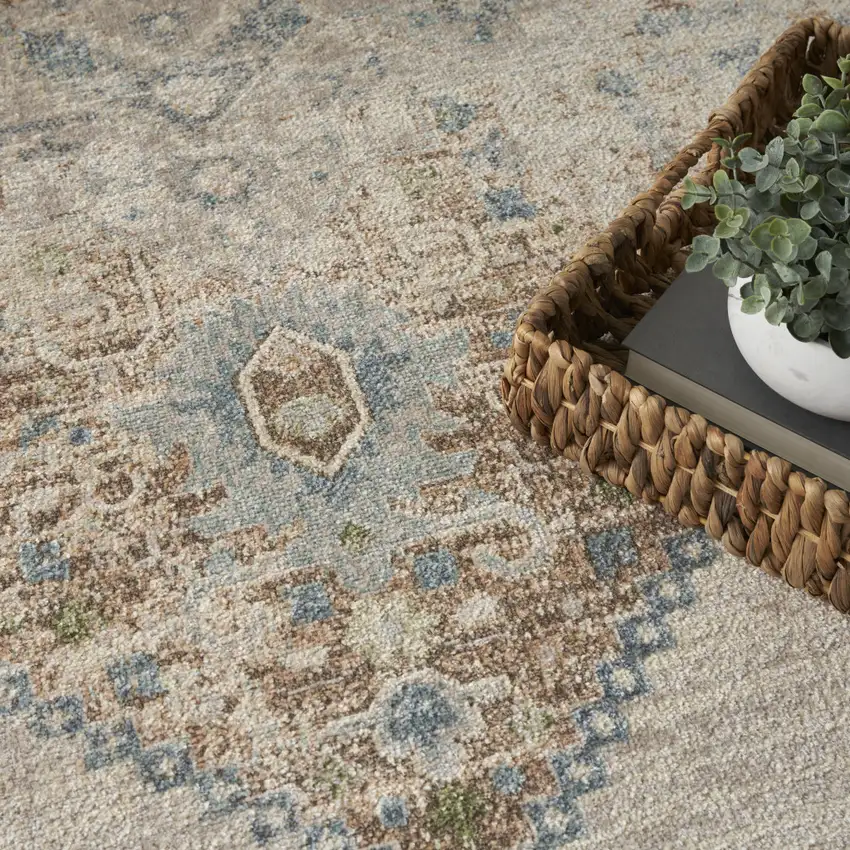 Beige Blue And Ivory Medallion Area Rug Photo 7