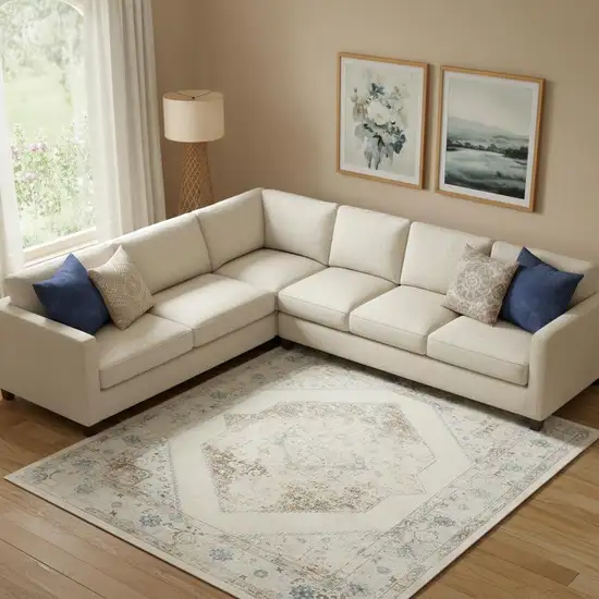 Beige Blue And Ivory Medallion Area Rug Photo 1