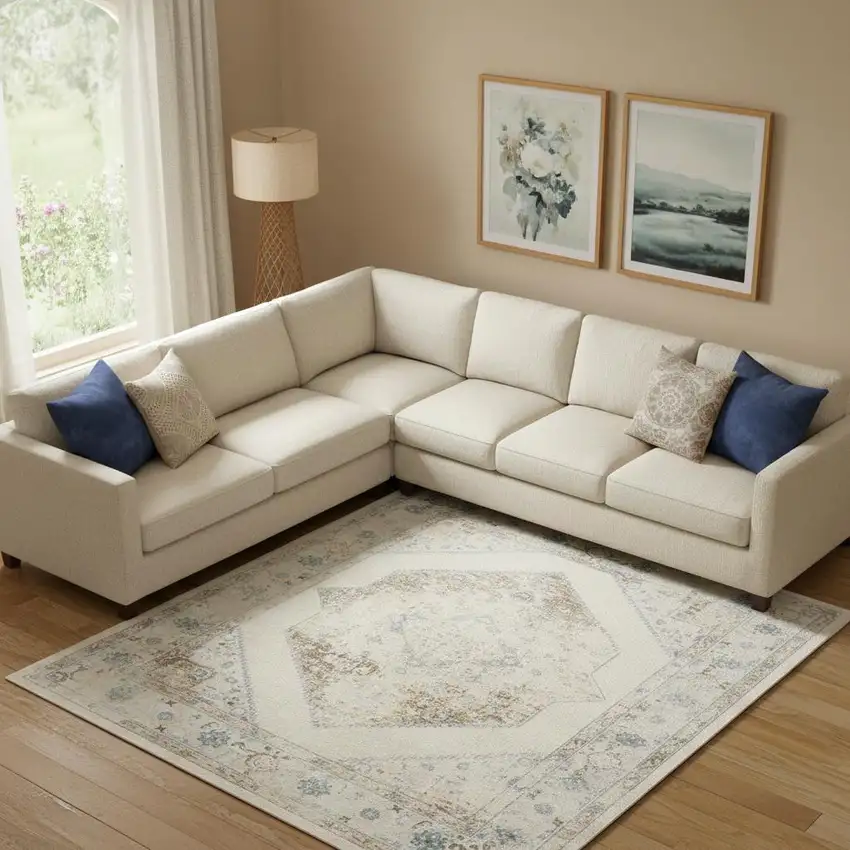Beige Blue And Ivory Medallion Area Rug Photo 1