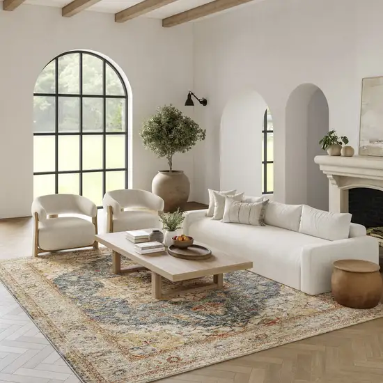 Beige Blue And Ivory Oriental Distressed Area Rug Photo 3