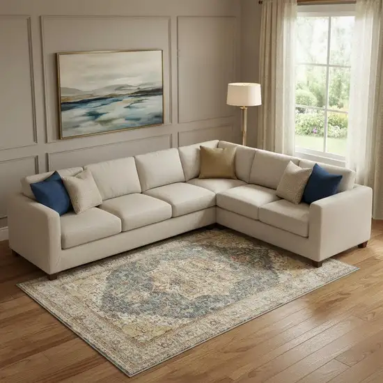 Beige Blue And Ivory Oriental Distressed Area Rug Photo 1