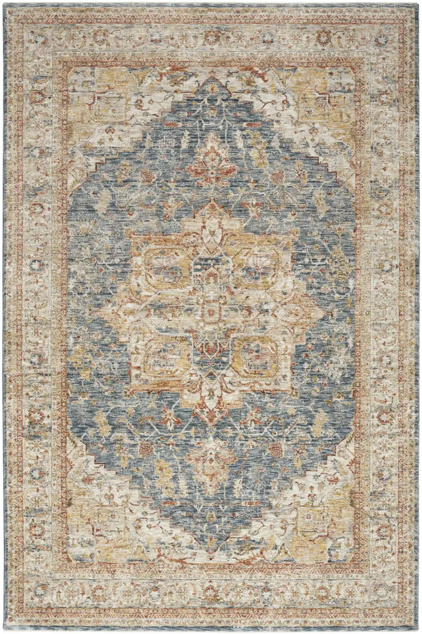 Beige Blue And Ivory Oriental Distressed Area Rug Photo 2